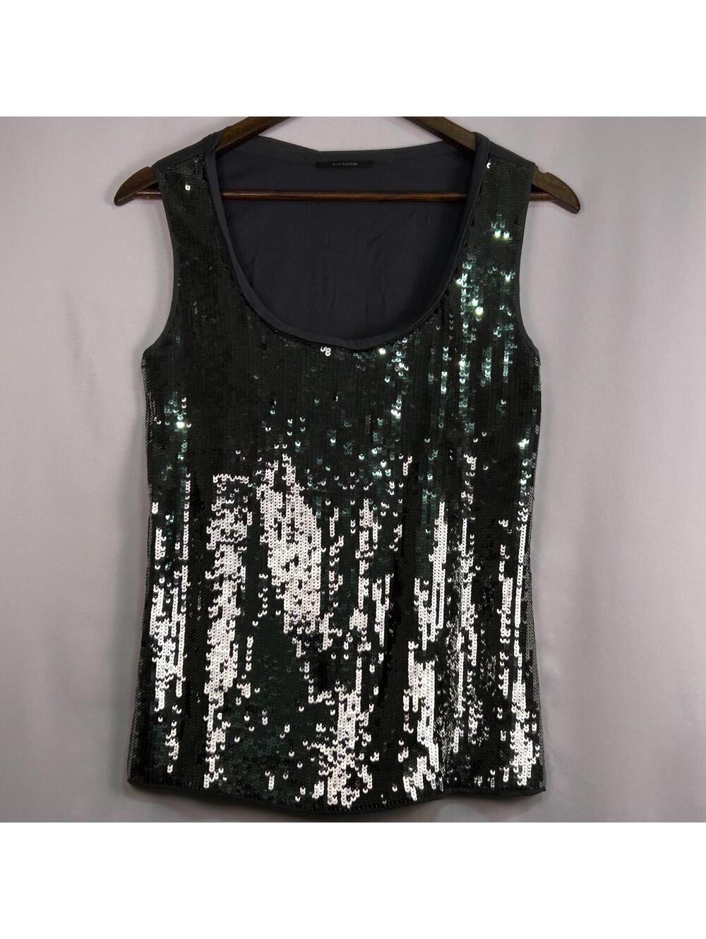 Elie Tahari Silk Sequin Tank Top Womens Small Black Sleeveless Scoop Neck Party